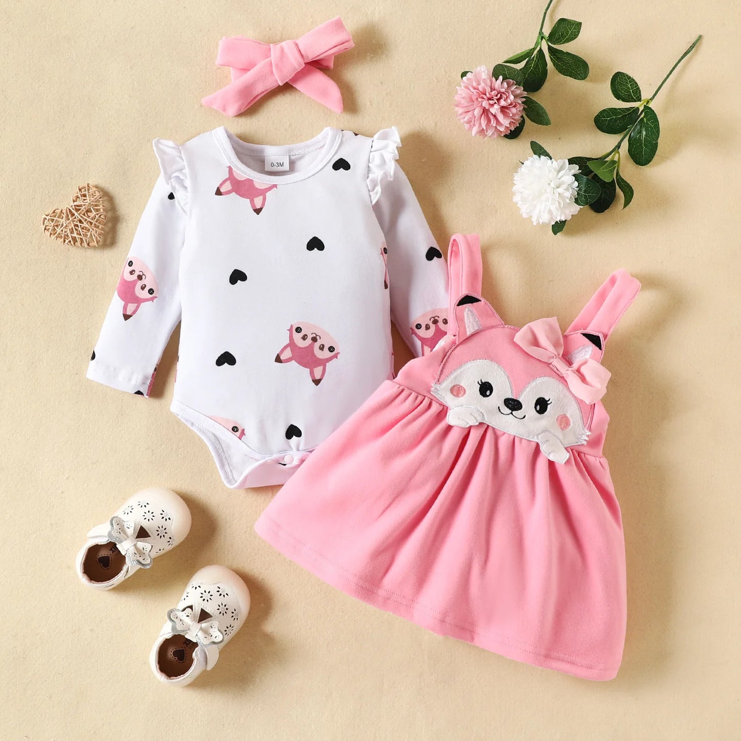 Prowow Cute Fox Baby Dresses For Girls Heart Print Romper+Suspender Fox Dress For Girls Fall Winter Newborn Baby Girl Clothes Leedoar