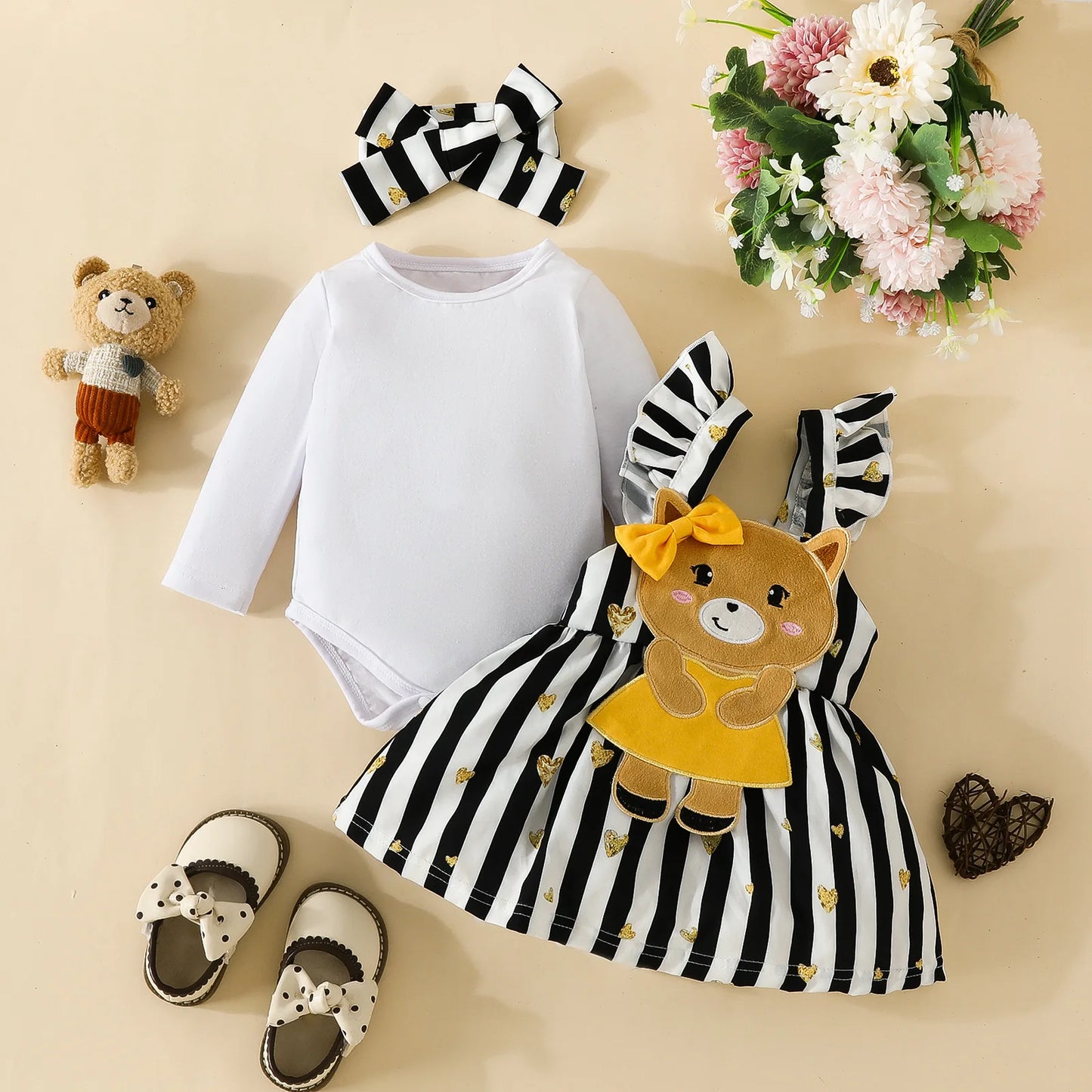 Prowow Cute Fox Baby Dresses For Girls Heart Print Romper+Suspender Fox Dress For Girls Fall Winter Newborn Baby Girl Clothes Leedoar