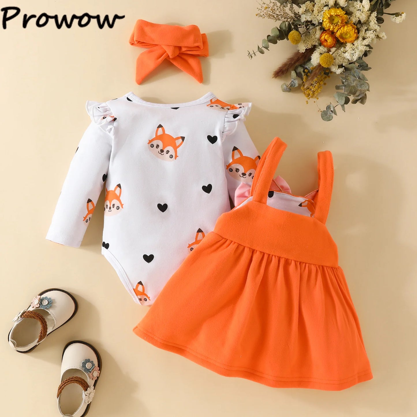 Prowow Cute Fox Baby Dresses For Girls Heart Print Romper+Suspender Fox Dress For Girls Fall Winter Newborn Baby Girl Clothes Leedoar