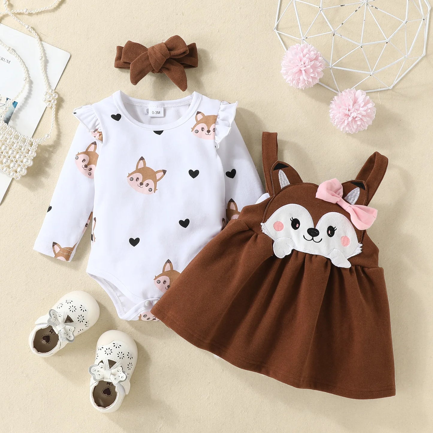 Prowow Cute Fox Baby Dresses For Girls Heart Print Romper+Suspender Fox Dress For Girls Fall Winter Newborn Baby Girl Clothes Leedoar