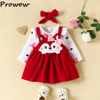 Prowow Cute Fox Baby Dresses For Girls Heart Print Romper+Suspender Fox Dress For Girls Fall Winter Newborn Baby Girl Clothes Leedoar