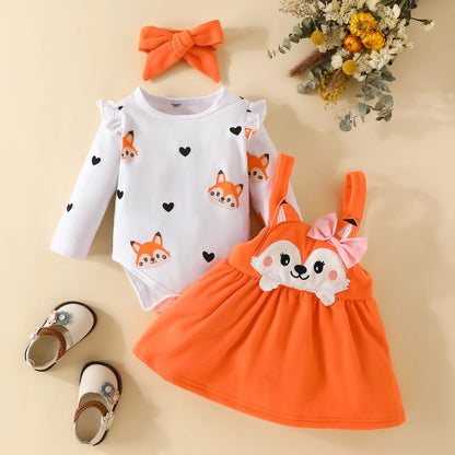 Prowow Cute Fox Baby Dresses For Girls Heart Print Romper+Suspender Fox Dress For Girls Fall Winter Newborn Baby Girl Clothes Leedoar