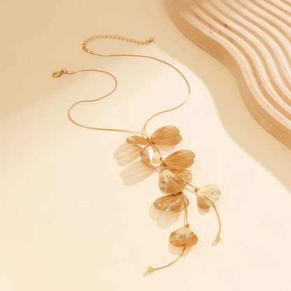 PuRui Trendy Gold Color Metal Petal Charm Long Tassel Necklace for Women Choker Chest Chain Jewelry Collar Gifts Party Wedding Leedoar