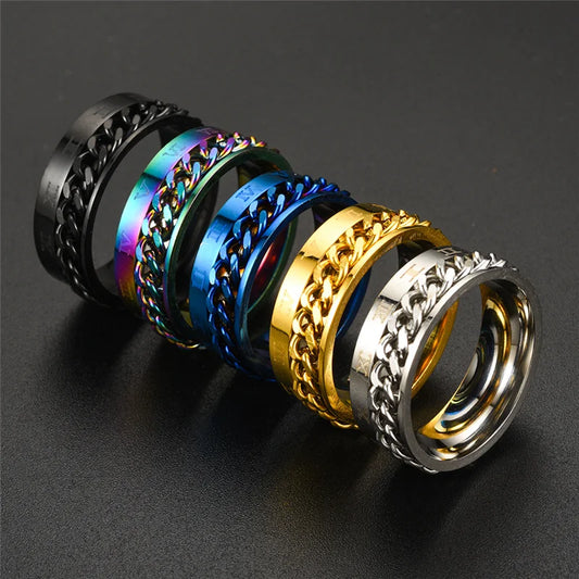 Punk Roman Numerals Stainless Steel Cuban Chain Rotating Rings for Men Spinner Fidget Band Release Anxiety Ring Knuckle Jewelry