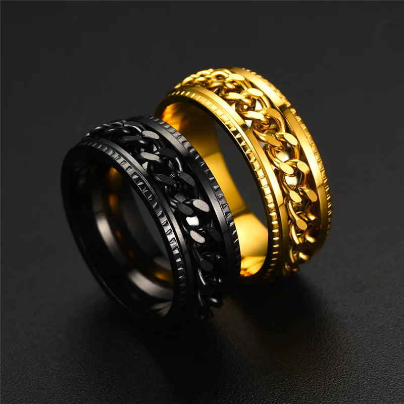 Punk Roman Numerals Stainless Steel Cuban Chain Rotating Rings for Men Spinner Fidget Band Release Anxiety Ring Knuckle Jewelry