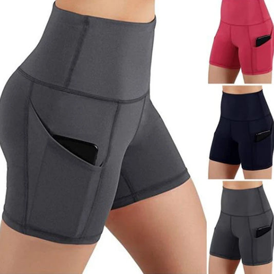 Shorts esportivos de cintura alta de cor pura para mulheres, calças de ioga, tecido de poliéster, calças de uma peça, design slim fit, verão 