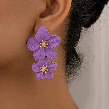 Purple Flower Drop Earrings For Women Double Layer Petal Flowers Earrings Dangle Daisy Spring Summer Earrings Party Jewelry Leedoar