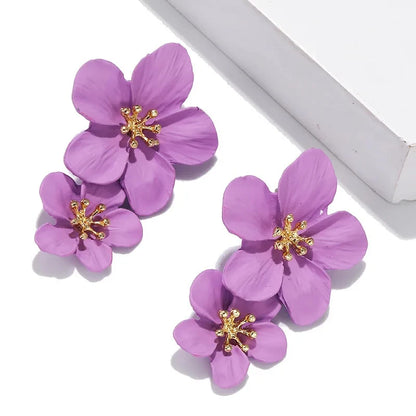 Purple Flower Drop Earrings For Women Double Layer Petal Flowers Earrings Dangle Daisy Spring Summer Earrings Party Jewelry Leedoar