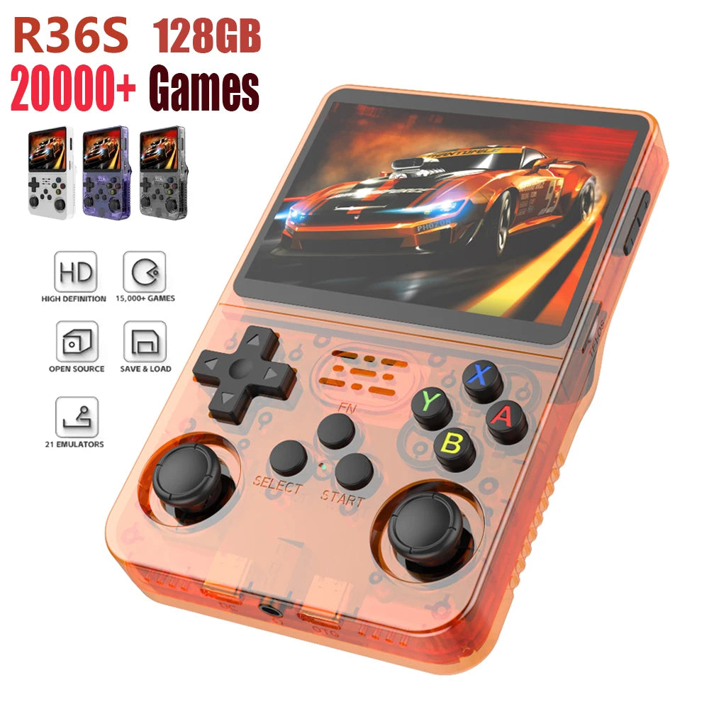 Consola de videojuegos portátil retro R36S con sistema Linux, pantalla IPS de 3,5 pulgadas, reproductor de vídeo portátil de bolsillo, 128 GB de juegos, regalo para niños 