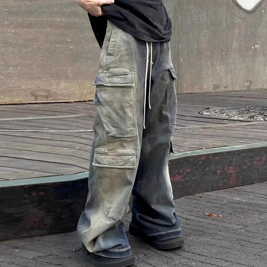 Pantalones vaqueros con múltiples bolsillos y cordón con cintas degradadas estilo RO para hombre, estilo Harajuku, estilo urbano, holgados, estilo Y2K, cargo de gran tamaño 