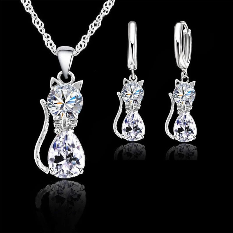 Real 925 Sterling Silver Color Jewelry Sets for Woman Girls Shining Austrian Crystal Cute Cat Pendant Necklace Huggie Earring Leedoar