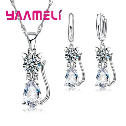 Real 925 Sterling Silver Color Jewelry Sets for Woman Girls Shining Austrian Crystal Cute Cat Pendant Necklace Huggie Earring Leedoar