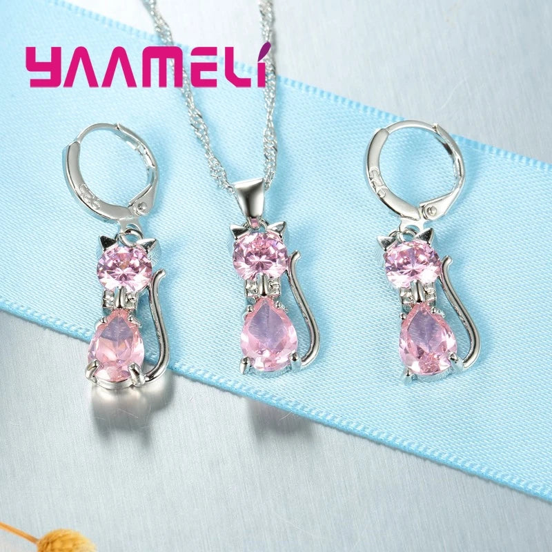 Real 925 Sterling Silver Color Jewelry Sets for Woman Girls Shining Austrian Crystal Cute Cat Pendant Necklace Huggie Earring Leedoar