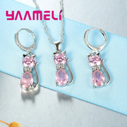 Real 925 Sterling Silver Color Jewelry Sets for Woman Girls Shining Austrian Crystal Cute Cat Pendant Necklace Huggie Earring Leedoar
