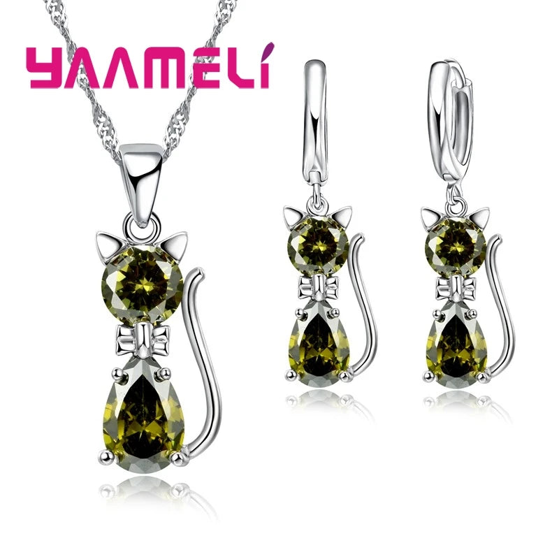 Real 925 Sterling Silver Color Jewelry Sets for Woman Girls Shining Austrian Crystal Cute Cat Pendant Necklace Huggie Earring Leedoar