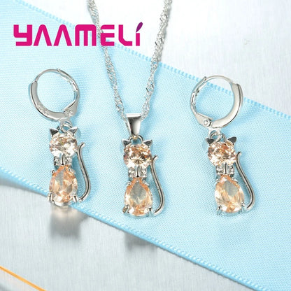 Real 925 Sterling Silver Color Jewelry Sets for Woman Girls Shining Austrian Crystal Cute Cat Pendant Necklace Huggie Earring Leedoar