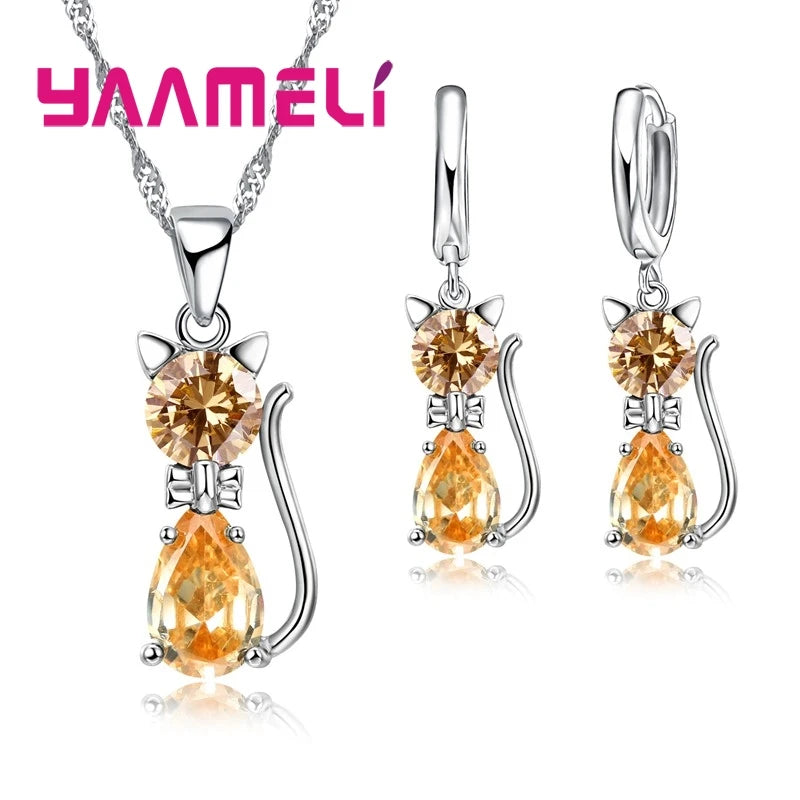 Real 925 Sterling Silver Color Jewelry Sets for Woman Girls Shining Austrian Crystal Cute Cat Pendant Necklace Huggie Earring Leedoar