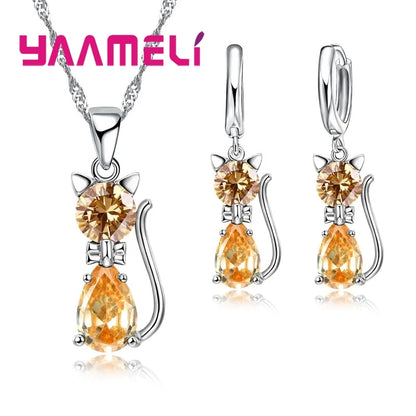 Real 925 Sterling Silver Color Jewelry Sets for Woman Girls Shining Austrian Crystal Cute Cat Pendant Necklace Huggie Earring Leedoar