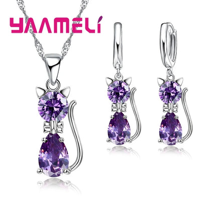 Real 925 Sterling Silver Color Jewelry Sets for Woman Girls Shining Austrian Crystal Cute Cat Pendant Necklace Huggie Earring Leedoar