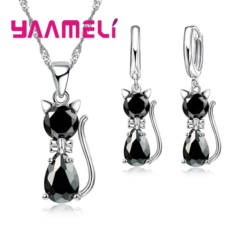Real 925 Sterling Silver Color Jewelry Sets for Woman Girls Shining Austrian Crystal Cute Cat Pendant Necklace Huggie Earring Leedoar