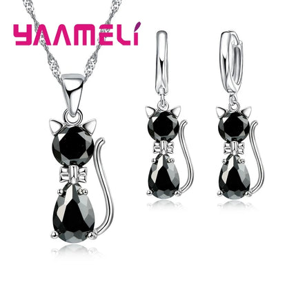 Real 925 Sterling Silver Color Jewelry Sets for Woman Girls Shining Austrian Crystal Cute Cat Pendant Necklace Huggie Earring Leedoar