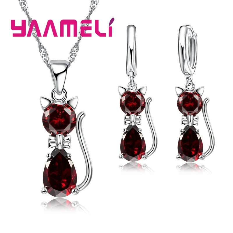 Real 925 Sterling Silver Color Jewelry Sets for Woman Girls Shining Austrian Crystal Cute Cat Pendant Necklace Huggie Earring Leedoar