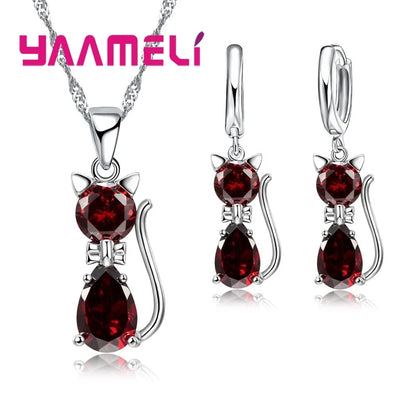 Real 925 Sterling Silver Color Jewelry Sets for Woman Girls Shining Austrian Crystal Cute Cat Pendant Necklace Huggie Earring Leedoar