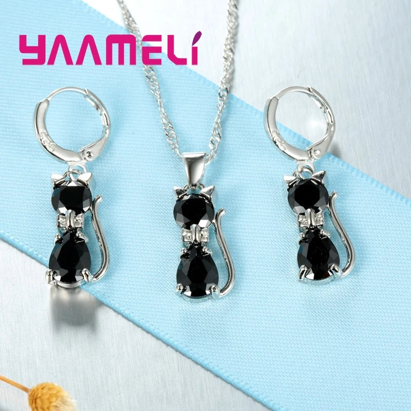 Real 925 Sterling Silver Color Jewelry Sets for Woman Girls Shining Austrian Crystal Cute Cat Pendant Necklace Huggie Earring Leedoar