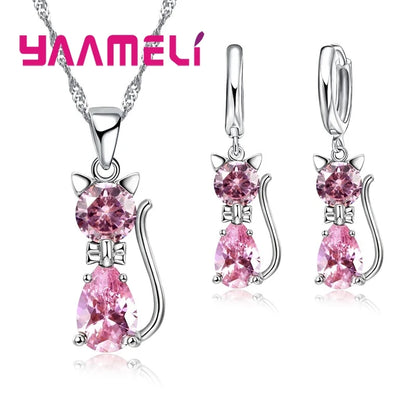 Real 925 Sterling Silver Color Jewelry Sets for Woman Girls Shining Austrian Crystal Cute Cat Pendant Necklace Huggie Earring Leedoar