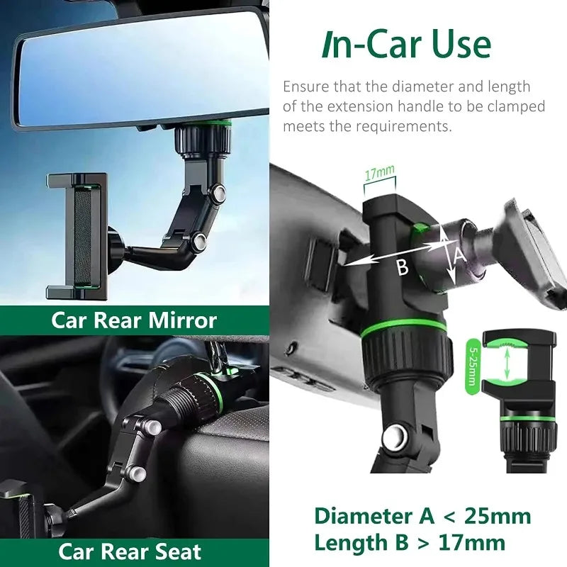 Rearview Mirror Phone Holder, 360° Rotatable and Retractable Car Phone Mount, Multifunctional Rear View Mirror Holder for All Ca Leedoar