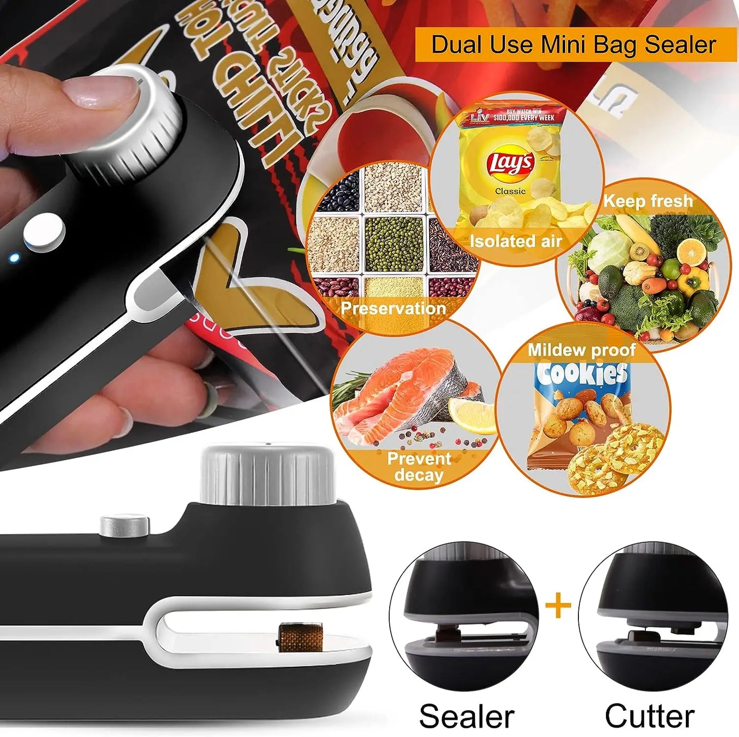 Rechargable 2 In 1 Bag Mini Heat Sealer, Storage Bag Plastic Package Snack Sealer Clip Bag Handheld Heat Sealer, Plastic Bag USB Leedoar