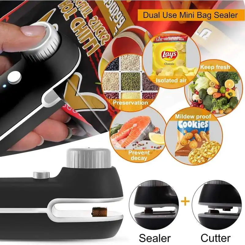 Mini selador térmico de saco recarregável 2 em 1, selador de lanches de plástico para saco de armazenamento, clipe de saco, selador térmico portátil, saco plástico USB 