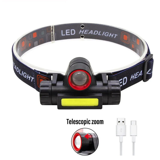 Linterna frontal LED recargable para pesca, para camping, luz de trabajo XPE COB, 2 modos de iluminación, con imán trasero desmontable 