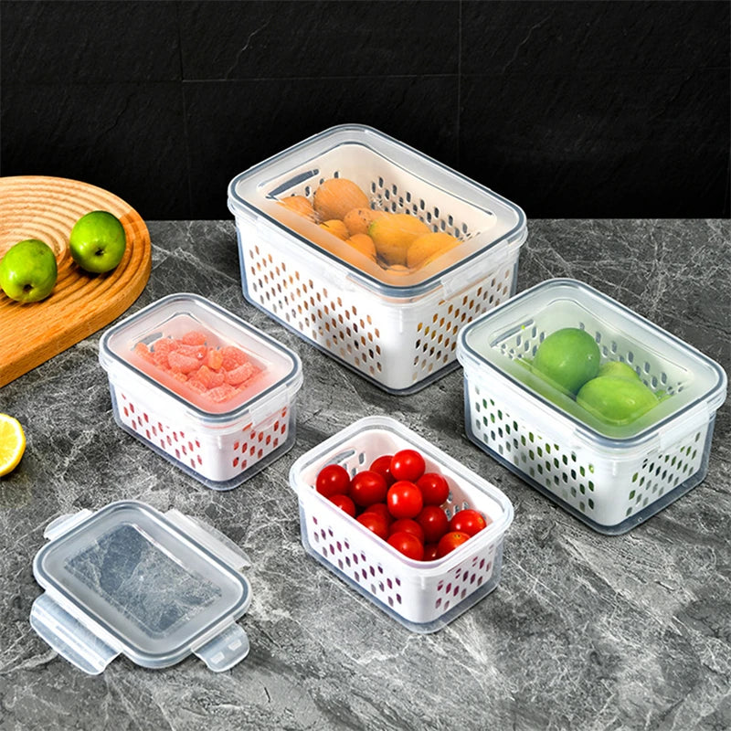 Refrigerator Preservation Box Transparent Double-layer Large Capacity Sealed Box Vegetable and Fruit Food Grade Drain Box Leedoar