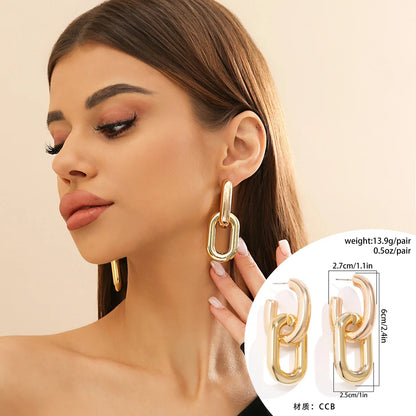 Retro Double Loop Design Drop Earrings Gold Color Geometric Round Hoop Earrings for Women Girls Punk Hip Hop Fashion Jewelry Leedoar