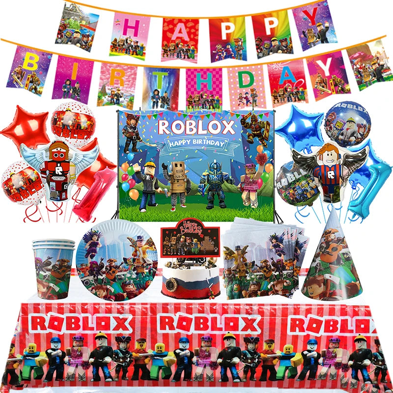 Roblox Decoração de Festa de Aniversário Suprimentos Roblox Jogo Festa de Celebração Balões Talheres Descartáveis ​​Copo Prato Chá de Bebê Brinquedos 