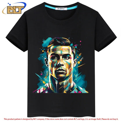 Ronaldo avatar printed children's clothing summer children's T-shirt casual short-sleeved black top suitable for boys and girls Leedoar