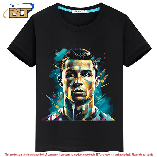 Camiseta de verano para niños con estampado de avatar de Ronaldo, camiseta informal de manga corta negra adecuada para niños y niñas 