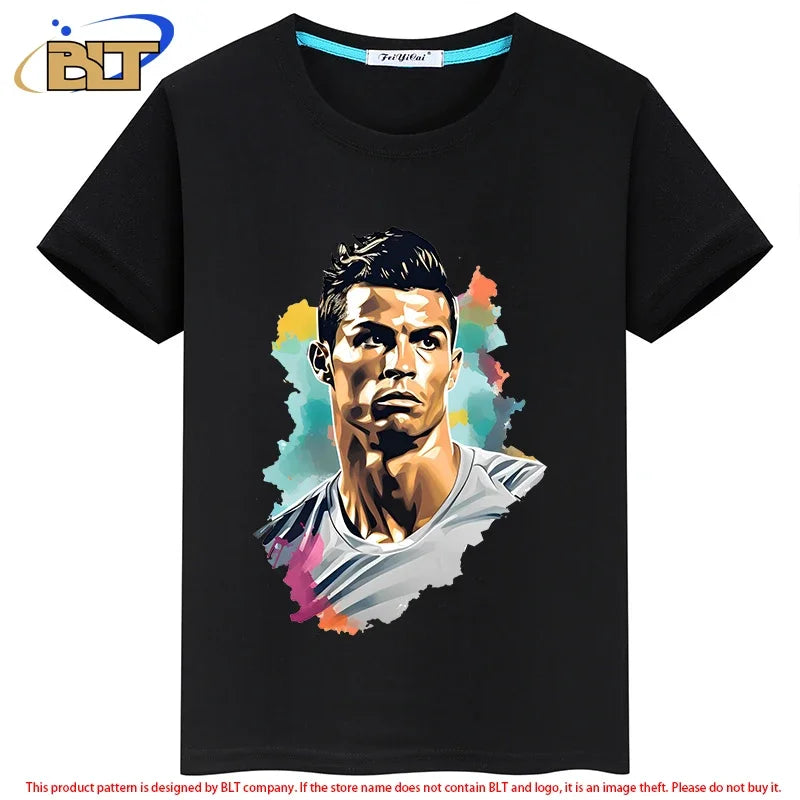 Ronaldo avatar printed children's clothing summer children's T-shirt casual short-sleeved black top suitable for boys and girls Leedoar