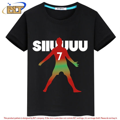 Ronaldo avatar printed children's clothing summer children's T-shirt casual short-sleeved black top suitable for boys and girls Leedoar