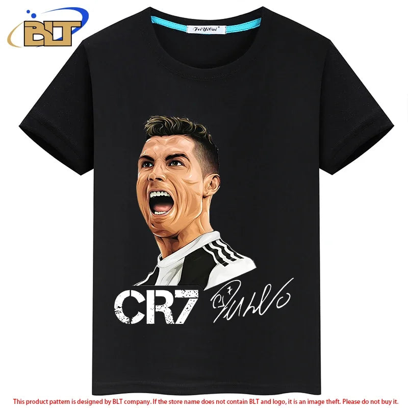 Ronaldo avatar printed children's clothing summer children's T-shirt casual short-sleeved black top suitable for boys and girls Leedoar