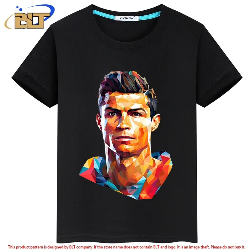 Ronaldo avatar printed children's clothing summer children's T-shirt casual short-sleeved black top suitable for boys and girls Leedoar