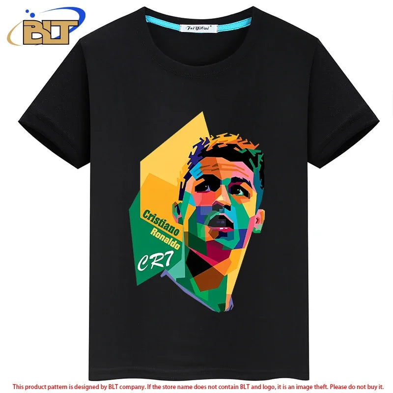 Ronaldo avatar printed children's clothing summer children's T-shirt casual short-sleeved black top suitable for boys and girls Leedoar