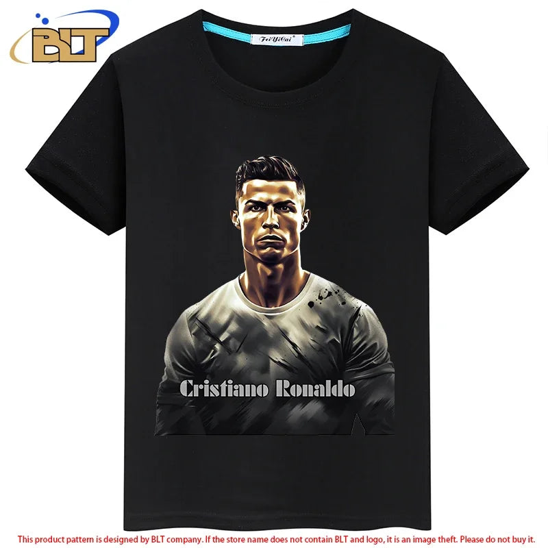 Ronaldo avatar printed children's clothing summer children's T-shirt casual short-sleeved black top suitable for boys and girls Leedoar