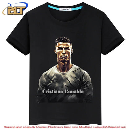 Ronaldo avatar printed children's clothing summer children's T-shirt casual short-sleeved black top suitable for boys and girls Leedoar