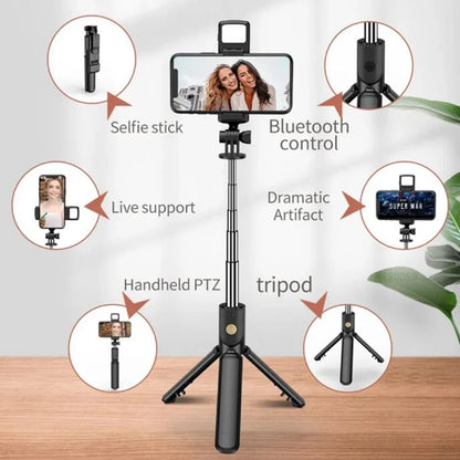 Roreta-trípode inalámbrico extensível, palo de Selfie com luz, Bluetooth, Controle remoto, para iPhone, telefone móvel, Tiktok, transmissão ao vivo 