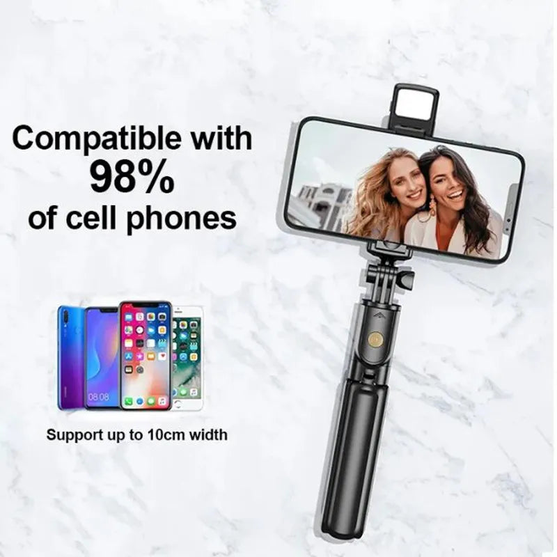 Roreta-trípode inalámbrico extensível, palo de Selfie com luz, Bluetooth, Controle remoto, para iPhone, telefone móvel, Tiktok, transmissão ao vivo 