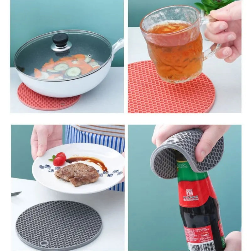 Tapete redondo de silicone resistente ao calor, porta-copos para bebidas, isolamento antiderrapante, suporte para panelas, acessórios de cozinha para mesa espessa 