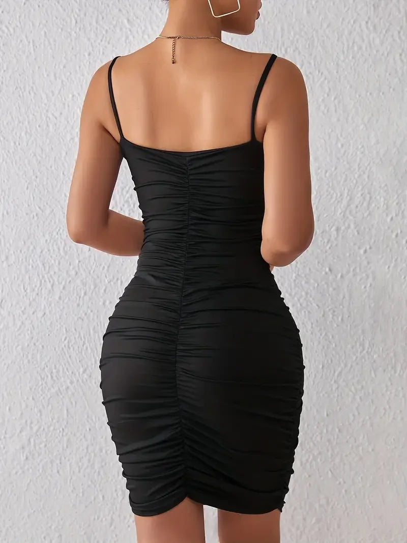 Ruched Bodycon Spaghetti Dress, Sexy Backless V-neck Cami Dress, Women's Clothing Leedoar