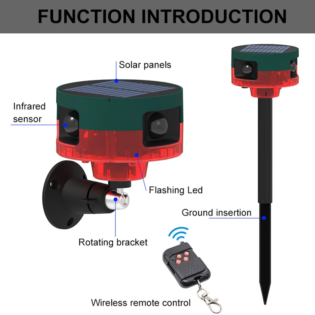 Solar Birds Repeller 360-degree Induction Alarm 1200mAh Wild Animal Deterrent 13 Sounds Recordable IP55 for Wild Boar Rabbit